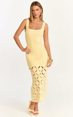 Sabrina Midi Dress - Scoop Neck Laser Cut Dress in Lemon
