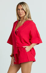 Saina Two Piece Set - Button Through Shirt and Drawstring Shorts Set in Red