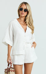 Saina Two Piece Set - Button Through Shirt and Drawstring Shorts Set in White