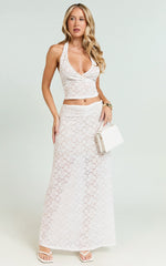 Sally Two Piece Set - Stretch Lace Halter Top and Maxi Skirt Set in White