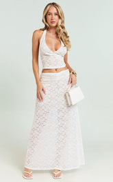 Sally Two Piece Set - Stretch Lace Halter Top and Maxi Skirt Set in White