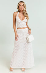Sally Two Piece Set - Stretch Lace Halter Top and Maxi Skirt Set in White