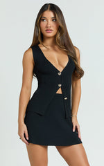 Sammy Two Piece Set - Knitted Deep V Vest and Mini Skirt Set in Black