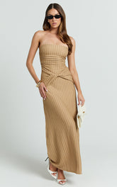 Santiago Midi Dress - Textured Jersey Strapless Twist Waist Dress in Beige