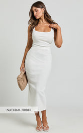 Sarina Midi Dress - Ribbed Scoop Neck Dress in White