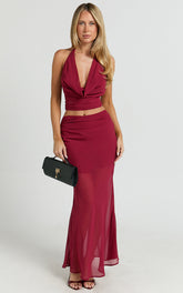 Saskia Two Piece Set - Cowl Tie Neck Top And Low Rise Maxi Skirt in Dark Red