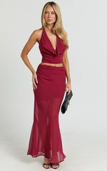 Saskia Two Piece Set - Cowl Tie Neck Top And Low Rise Maxi Skirt in Dark Red