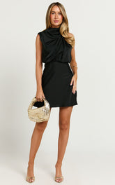 Schantal Mini Dress - Drape Neck Satin Slip Dress in Black