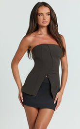 Selena Top - Longline Strapless Asymmetric Tailored Top in Chocolate