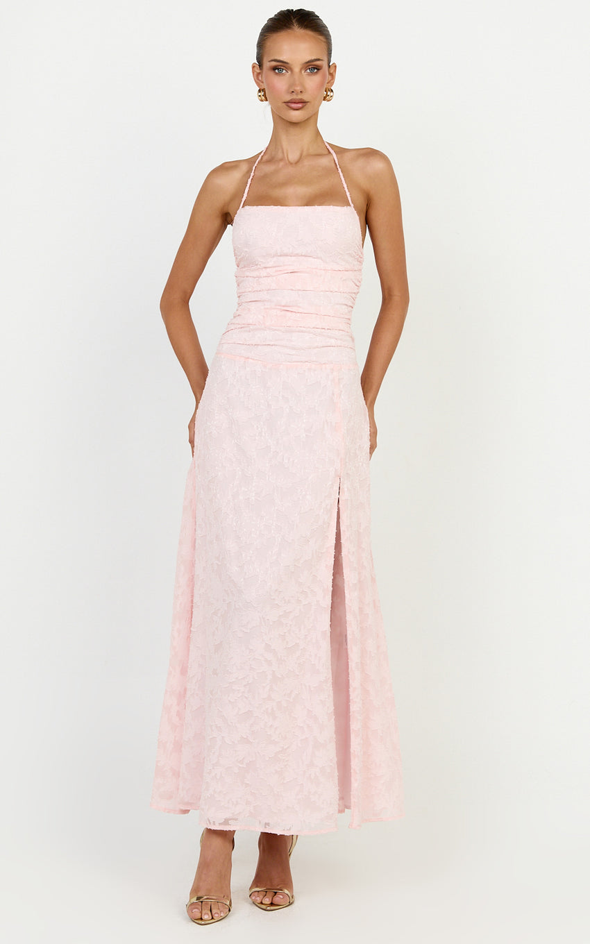 Seraphina Midi Dress - Gathered Bodice Halter Clipped Jacquard Dress in Pink