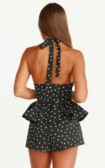 Seraphina Top - Polka Dot V Neck Peplum Top in Black Polka Dot Print