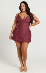 Sheeran Mini Dress - Plunge A Line Dress in Wine