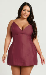 Sheeran Mini Dress - Plunge A Line Dress in Wine