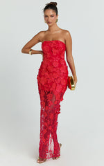 Sienna Maxi Dress - 3D Floral Strapless Column Dress in Red