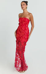 Sienna Maxi Dress - 3D Floral Strapless Column Dress in Red