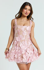 Sienna Mini Dress - 3D Floral Fit And Flare Dress in Pink
