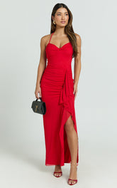 Silvana Midi Dress - Halter Ruched Side Split Dress in Red