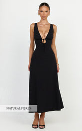 Silvena Midi Dress - Plunge Neckline Tie Front A Line Dress in Black