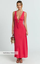 Silvena Midi Dress - Plunge Neckline Tie Front A Line Dress in Red