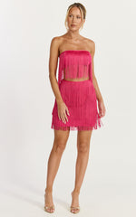 Siofra Two Piece Set - Fringe Crop Top and Mini Skirt Set in Hot Pink