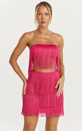 Siofra Two Piece Set - Fringe Crop Top and Mini Skirt Set in Hot Pink