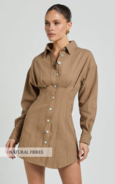 Sofia Mini Dress - Button Through Long Sleeve Dress in Mocha