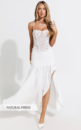 Solange Midi Skirt - Mid Waisted Thigh High Leg Split Skirt in White