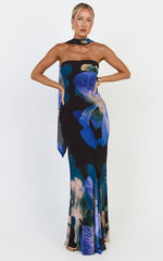 Solara Maxi Dress - Strapless Bias Column Dress with Scarf in Midnight Resort Orchid Print