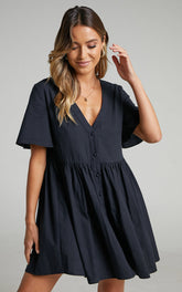 Staycation Mini Dress - Smock Button Up Dress in Black