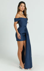 Stefania Mini Dress - Asymmetrical Removable Skirt Ruched Strapless Bodycon Dress in Navy