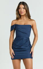 Stefania Mini Dress - Asymmetrical Removable Skirt Ruched Strapless Bodycon Dress in Navy