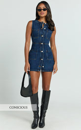 Stephanie Mini Dress - Scoop Neck Pocket Detail Recycled Denim Dress in Indigo Wash