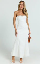 Sue Midi Dress - Strapless Belt Detail Dress in White