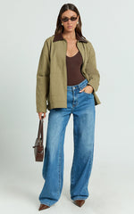 Susie Jacket - Contrast Collar Trucker Jacket in Khaki