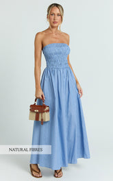 Swanson Midi Dress - Strapless Smocked Dress in Blue Stripe