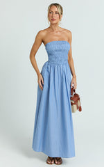 Swanson Midi Dress - Strapless Smocked Dress in Blue Stripe