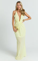 Tamara Maxi Dress - Plunge Neck Ruched Open Back Dress in Lemon