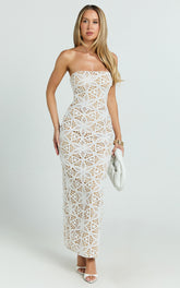 Tamika Midi Dress - Crochet Strapless Column Dress in White
