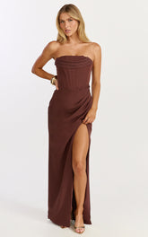 Tara Maxi Dress - Strapless Corset Drape Skirt Dress in Chocolate