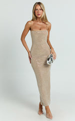 Terri Midi Dress - Diamante Square Neck Bodycon Dress in Nude