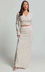 Tessa Top - Knitted Long Sleeve Wrap Cardigan Top in Stone