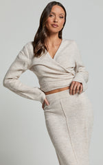 Tessa Top - Knitted Long Sleeve Wrap Cardigan Top in Stone