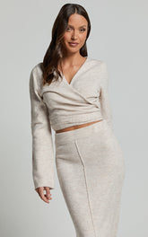 Tessa Top - Knitted Long Sleeve Wrap Cardigan Top in Stone