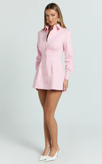 Thelma Mini Dress - Button Front Pleat Waist Tulip Skirt Shirtdress in Pink