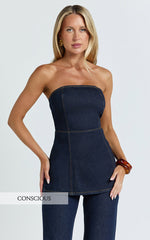 Tianna Top - Strapless Longline Denim Top in Indigo Wash