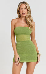 Tyla Mini Dress - Strapless Lurex Bodycon Dress in Sage