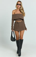 Ursula Top - Long Sleeve Off Shoulder Cropped Top in Mocha
