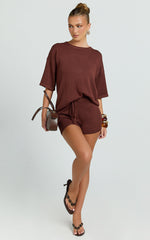 Valencia Two Piece Top And Shorts Set - Knit Tee And Shorts Set in Chocolate