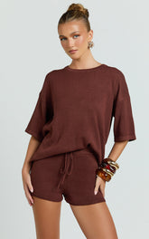 Valencia Two Piece Top And Shorts Set - Knit Tee And Shorts Set in Chocolate