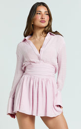 Valerie Mini Dress - Collared Long Sleeve Waist Shirt Dress in Pink
